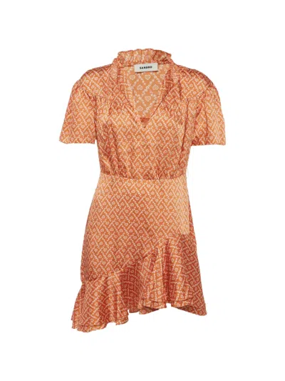 Pre-owned Sandro Suzen Ruffled Heart-print Dress In Orange