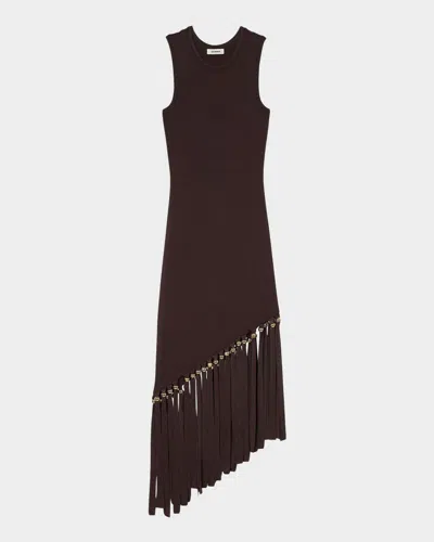 Sandro Swann Fringed And Beaded Knit Midi Dress In Bruns