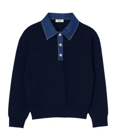 Sandro Sweater With Denim Collar In Bleus