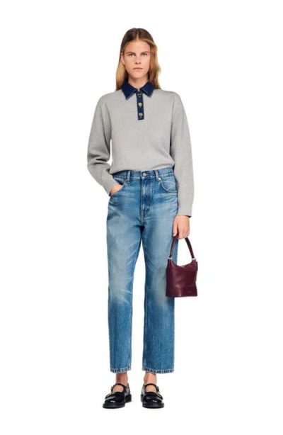Sandro Sweater With Denim Collar In Gray