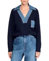 Sandro Sweater With Denim Details In Blue