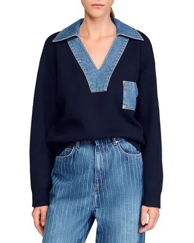 Sandro Sweater With Denim Details In Blue