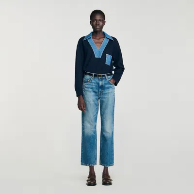 Sandro Sweater With Denim Details In Blue