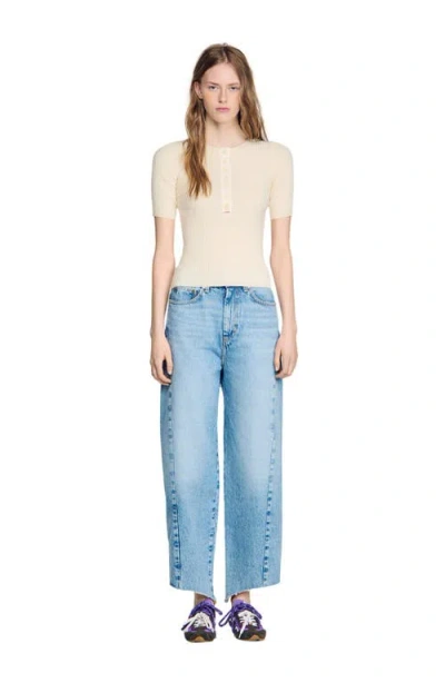 Sandro Sweater With Ribbed Button Placket In Blue