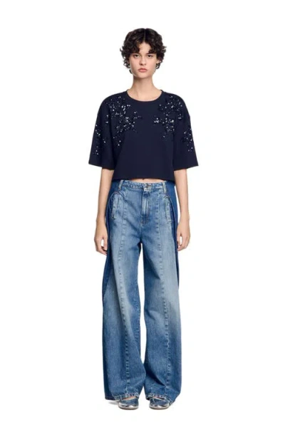 Sandro T-shirt With Beaded Details In Navy Blue