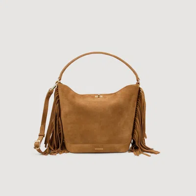 Sandro Tangoso Fringed Suede Bucket Bag In Brown