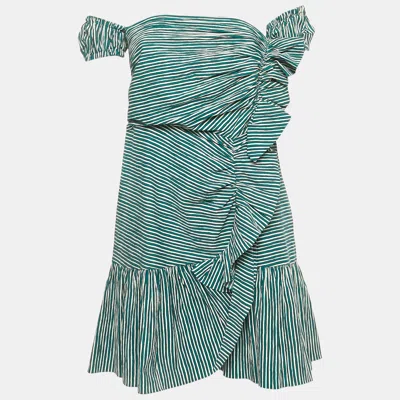 Pre-owned Sandro Teal Blue Striped Crepe Ruffled Mini Dress S
