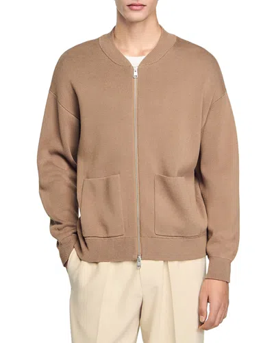 Sandro Teddy Knit Jacket In Dark Sand