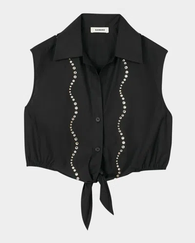 Sandro Tel Embellished Cropped Shirt In Black