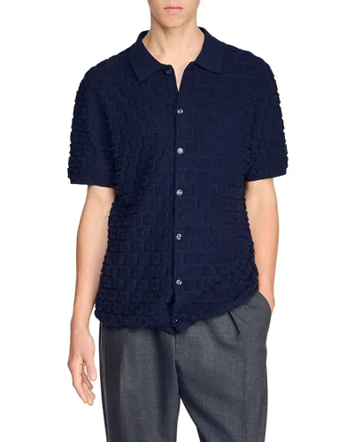 Sandro Terry Knit Sponge Cardigan Shirt In Blue
