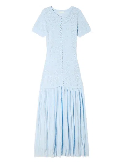 Sandro Textured Embellished Knitted Dress In Blue