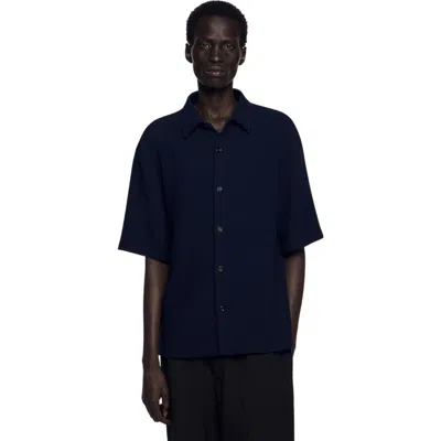 Sandro Mens Navy Blue Textured Shark-collar Stretch-woven Shirt