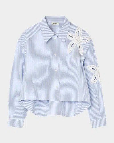 Sandro Tiare Embellished Floral Cutout Shirt In Sky Blue