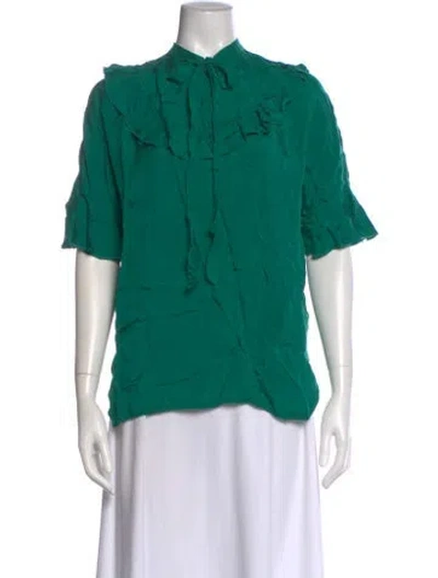 Pre-owned Sandro Tie Neck Short Sleeve Blouse In Green