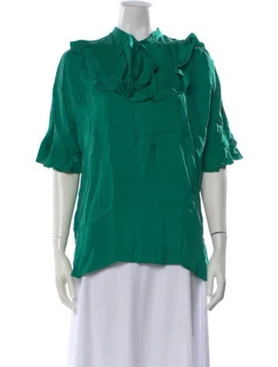 Pre-owned Sandro Tie Neck Short Sleeve Blouse In Green