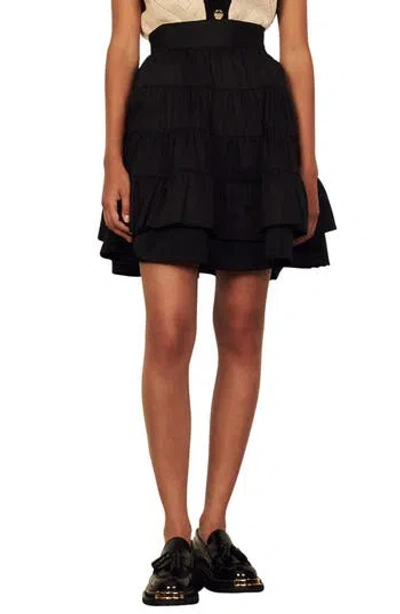 Sandro Tiered Cotton Skirt In Black