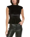 Sandro Shirred Stretch-velvet Peplum Top In Black