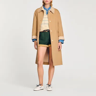 Sandro Trench Coat With Rhinestone Collar In Camel