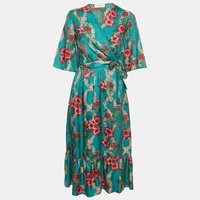 Pre-owned Sandro Turquoise Floral Print Silk Midi Wrap Dress M In Blue