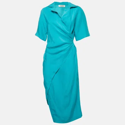 Pre-owned Sandro Turquoise Linen Blend Draped Asymmetric Midi Dress M In Blue