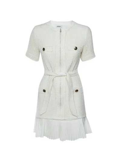 Pre-owned Sandro Tweed Belted Mini Dress In White
