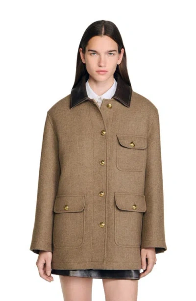 Sandro Tweed Coat In Brown