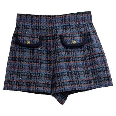Sandro Tweed High-waisted Shorts In Multicolor Cotton In Blue