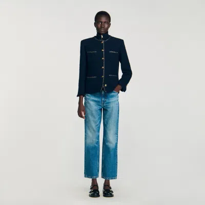 Sandro Tweed Jacket With Removable Collar In Blue