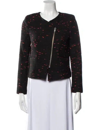 Pre-owned Sandro Tweed Pattern Biker Jacket In Black