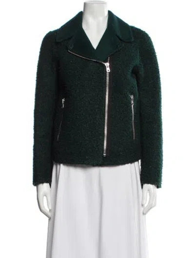 Pre-owned Sandro Tweed Pattern Biker Jacket In Green