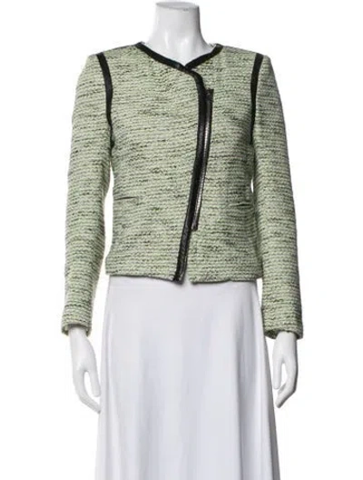 Pre-owned Sandro Tweed Pattern Biker Jacket In Green