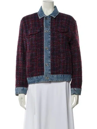 Pre-owned Sandro Tweed Pattern Denim Jacket In Burgundy