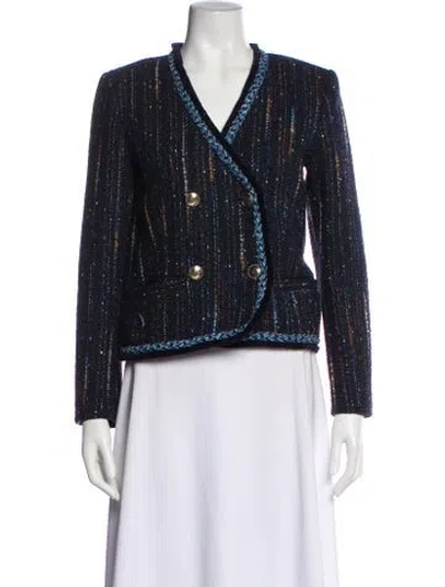 Pre-owned Sandro Tweed Pattern Jacket W/ Tags In Blue