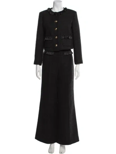 Pre-owned Sandro Tweed Pattern Ruffle Embellishment Pant Set In Black