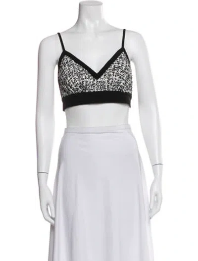 Pre-owned Sandro Tweed Pattern V-neck Crop Top In Black