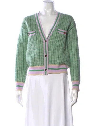 Pre-owned Sandro Tweed Pattern V-neck Sweater In Green