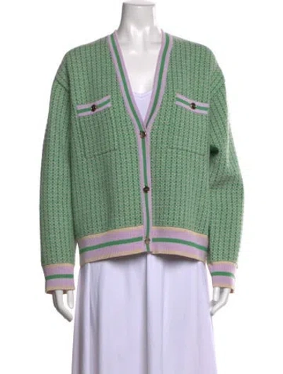 Pre-owned Sandro Tweed Pattern V-neck Sweater In Green