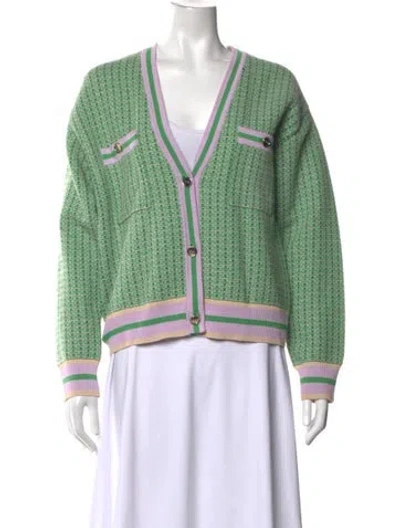 Pre-owned Sandro Tweed Pattern V-neck Sweater In Green