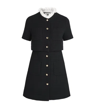 Sandro Tweed Ruffle Collar Mini Dress In Black