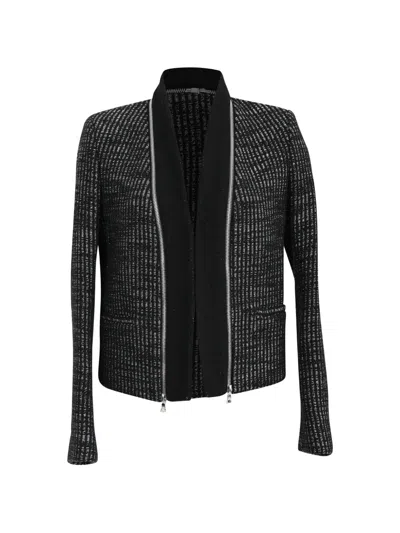 Pre-owned Sandro Tweed Zip-accent Blazer In Black