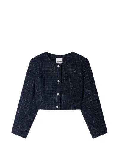 Sandro Ophelie Tweed Collarless Jacket In Blue