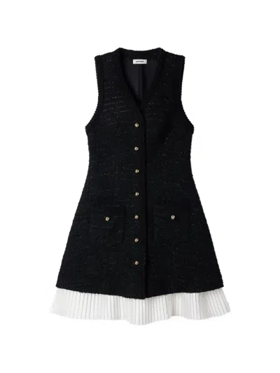 Sandro Tweed-effect Pleated-hem Mini Dress In Black