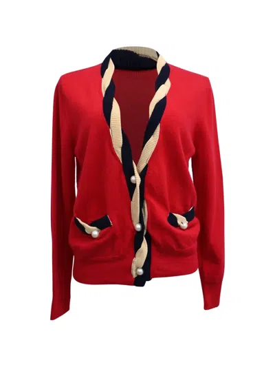 Pre-owned Sandro Twisted-collar Pearl-embellished Cardigan In Red