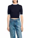 Sandro Two Tone Cropped Short Sleeve Sweater In Blue