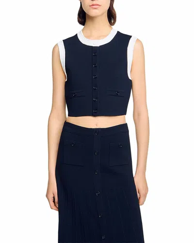 Sandro Two Tone Cropped Sleeveless Cardigan In Blue
