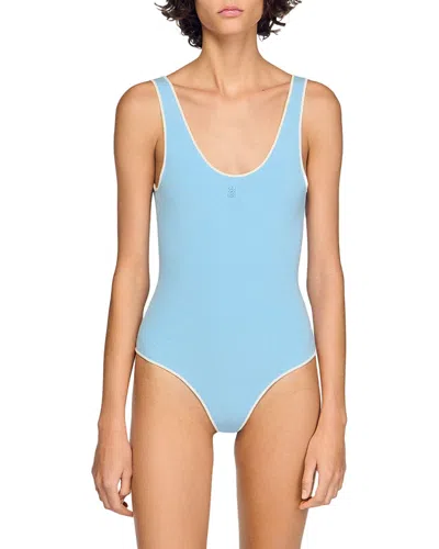 Sandro Two Tone Knit Bodysuit In Blue