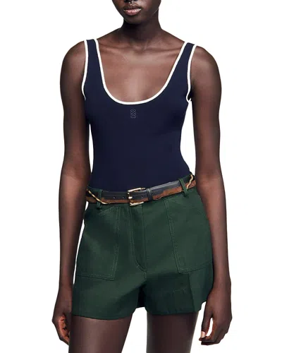 Sandro Two Tone Knit Bodysuit In Navy Blue