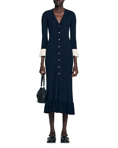 Sandro Two Tone Knit Maxi Dress In Blue