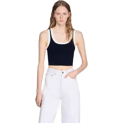 Sandro Two-tone Cropped Knit Top In Black