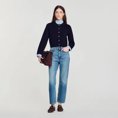 Sandro Two-tone Origami Collar Cardigan In Navy Blue